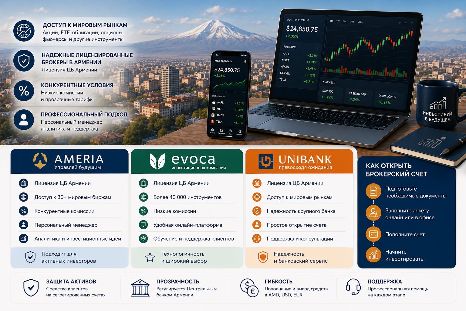 Брокерский счет в Армении — Ameria, Evoca, Unibank